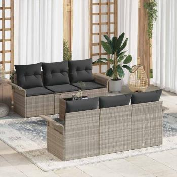 ARDEBO.de - 7-teiliges Garten-Sofa-Set mit Kissen Hellgrau Poly Rattan, 2-Sitzer Garten-Sofa mit Stauraum & Kissen Hellgrau Poly Rattan