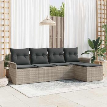 ARDEBO.de - 5-teiliges Garten-Sofa Set mit Kissen Hellgrau Poly-Rattan, 2-Sitzer Garten-Sofa mit Stauraum & Kissen Hellgrau Poly-Rattan