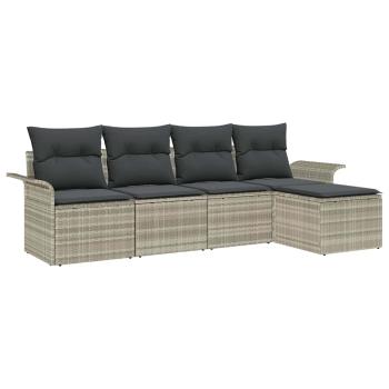 5-teiliges Garten-Sofa Set mit Kissen Hellgrau Poly-Rattan, 2-Sitzer Garten-Sofa mit Stauraum & Kissen Hellgrau Poly-Rattan