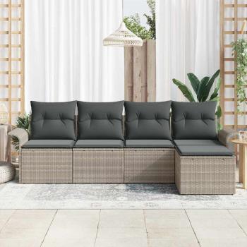 5-teiliges Garten-Sofa Set mit Kissen Hellgrau Poly-Rattan, 2-Sitzer Garten-Sofa mit Stauraum & Kissen Hellgrau Poly-Rattan