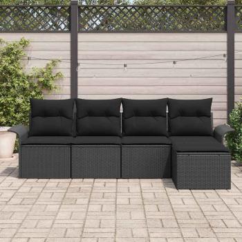 5-teiliges Garten Sofa Set mit Kissen Schwarzes Poly Rattan, 2-Sitzer Garten Sofa mit Stauraum & Kissen Schwarzes Poly Rattan