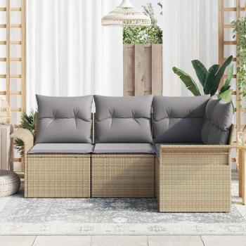 ARDEBO.de - 4-teiliges Garten-Sofa-Set mit Kissen Beige Poly Rattan, 2-Sitzer Garten-Sofa mit Stauraum und Kissen Beige Poly Rattan