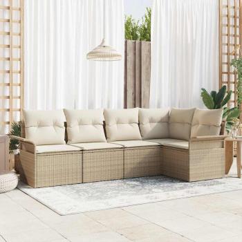ARDEBO.de - 5-teiliges Garten Sofa Set mit Kissen Beige Poly Rattan, 2-Sitzer Garten Sofa mit Stauraum & Kissen Beige Poly Rattan