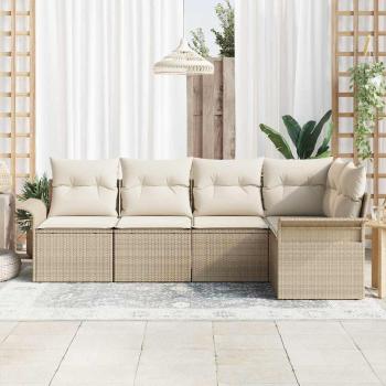 5-teiliges Garten Sofa Set mit Kissen Beige Poly Rattan, 2-Sitzer Garten Sofa mit Stauraum & Kissen Beige Poly Rattan