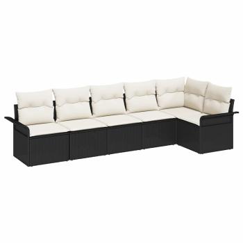 6-teiliges Garten-Sofa-Set mit Kissen Schwarz Poly-Rattan, 2-Sitzer Garten-Sofa mit Stauraum & Kissen Schwarz Poly-Rattan