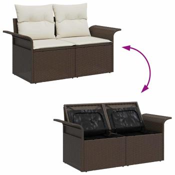 6-teiliges Garten Sofa Set mit Kissen in Grau Poly Rattan, 2-Sitzer Garten Sofa mit Stauraum & Kissen in Braun Poly Rattan