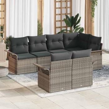 ARDEBO.de - 7-teiliges Garten-Sofa-Set mit Kissen Grau Poly Rattan, 2-Sitzer Garten-Sofa mit Stauraum & Kissen Grau Poly Rattan