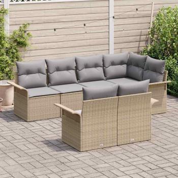 7-teiliges Garten Sofa Set mit Kissen Beige Poly Rattan, 2-Sitzer Garten Sofa mit Stauraum & Kissen Beige Poly Rattan