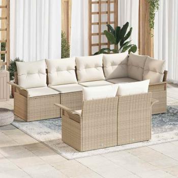 ARDEBO.de - 7-teiliges Garten Sofa Set mit Kissen Beige Poly Rattan, 2-Sitzer Garten Sofa mit Stauraum & Kissen Beige Poly Rattan