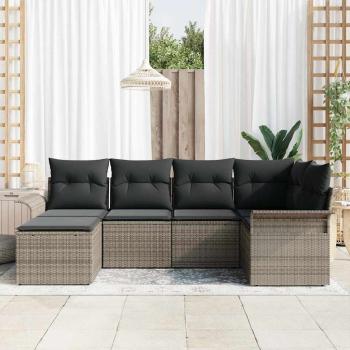 6-teiliges Garten-Sofa-Set mit Kissen Grau Poly Rattan, 2-Sitzer Garten-Sofa mit Stauraum & Kissen Grau Poly Rattan
