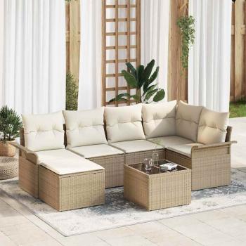 ARDEBO.de - 7-teiliges Garten-Sofa-Set mit Kissen braunes Poly-Rattan, 2-Sitzer Garten-Sofa mit Stauraum & Kissen beiges Poly-Rattan