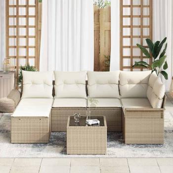 7-teiliges Garten-Sofa-Set mit Kissen braunes Poly-Rattan, 2-Sitzer Garten-Sofa mit Stauraum & Kissen beiges Poly-Rattan