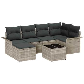 7-teiliges Garten-Sofaset mit Kissen in Grauem Poly-Rattan, 2-Sitzer Garten-Sofa mit Stauraum & Kissen in Hellgrauem Poly-Rattan