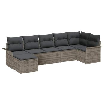 7-teilige Garten Sofa Set mit Kissen Grau Poly Rattan, 2-Sitzer Garten Sofa mit Stauraum & Kissen Grau Poly Rattan