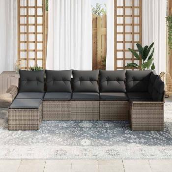 7-teilige Garten Sofa Set mit Kissen Grau Poly Rattan, 2-Sitzer Garten Sofa mit Stauraum & Kissen Grau Poly Rattan