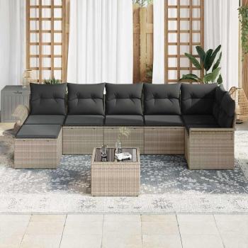 8-teiliges Garten-Sofaset mit Kissen Grau Poly Rattan, 2-Sitzer Garten-Sofa mit Stauraum & Kissen Hellgrau Poly Rattan