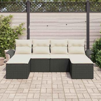 6-teiliges Garten Sofa Set mit Kissen Schwarz Poly Rattan, 2-Sitzer Garten Sofa mit Stauraum & Kissen Schwarz Poly Rattan