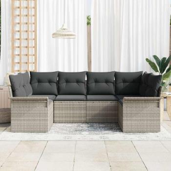 6-teiliges Garten-Sofaset mit Kissen hellgrau aus Poly-Rattan, 2-Sitzer Garten-Sofa mit Stauraum & Kissen hellgrau aus Poly-Rattan