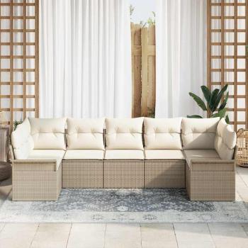 ARDEBO.de - 7-teiliges Garten Sofa Set mit Kissen Beige Poly Rattan, 2-Sitzer Garten Sofa mit Stauraum & Kissen Beige Poly Rattan