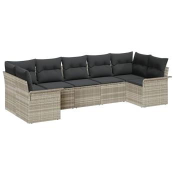 7-teiliges Garten-Sofa-Set mit Kissen Hellgrau Poly-Rattan, 2-Sitzer Garten-Sofa mit Stauraum & Kissen Hellgrau Poly-Rattan