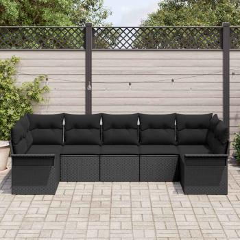 7-teiliges Garten Sofa Set mit Kissen Schwarz Poly Rattan, 2-Sitzer Garten Sofa mit Stauraum & Kissen Schwarz Poly Rattan