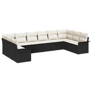 10-teilige Garten Sofa Set mit Kissen Schwarz Poly Rattan, 2-Sitzer Garten Sofa mit Stauraum & Kissen Schwarz Poly Rattan