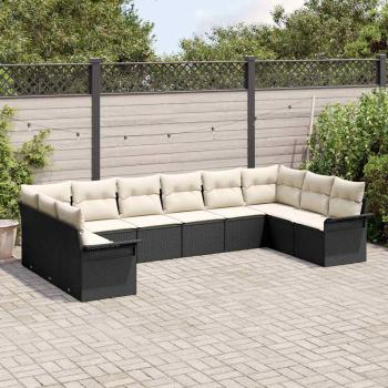 10-teilige Garten Sofa Set mit Kissen Schwarz Poly Rattan, 2-Sitzer Garten Sofa mit Stauraum & Kissen Schwarz Poly Rattan