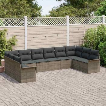 ARDEBO.de - 10-teiliges Garten Sofa Set mit Kissen Grau Poly Rattan, 2-Sitzer Garten Sofa mit Stauraum & Kissen Grau Poly Rattan