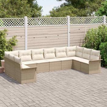 ARDEBO.de - 10-teiliges Garten-Sofa-Set mit Kissen Beige Poly-Rattan, 2-Sitzer Garten-Sofa mit Stauraum & Kissen Beige Poly-Rattan