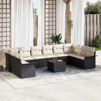 ARDEBO.de - 10-teiliges Garten-Sofa-Set mit Kissen Braun Poly-Rattan, 2-Sitzer Garten-Sofa mit Stauraum & Kissen Schwarz Poly-Rattan