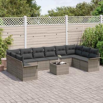10-teiliges Garten Sofa Set mit Kissen Schwarz Poly Rattan, 2-Sitzer Garten Sofa mit Stauraum & Kissen Grau Poly Rattan