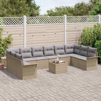 11-teiliges Gartensofa Set mit Kissen Schwarz Poly Rattan, 2-Sitzer Gartensofa mit Stauraum & Kissen Beige Poly Rattan