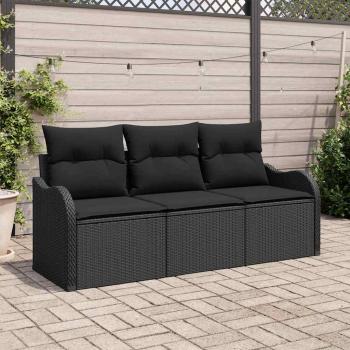 ARDEBO.de - 3-teiliges Garten-Sofa-Set mit Kissen Schwarz Poly Rattan, 2-Sitzer Garten-Sofa mit Stauraum & Kissen Schwarz Poly Rattan