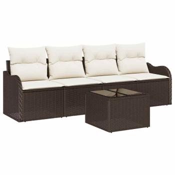 5-teiliges Garten Sofaset mit Kissen Braun Poly Rattan, 2-Sitzer Garten Sofa mit Stauraum & Kissen Braun Poly Rattan