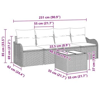 5-teiliges Garten-Sofa-Set mit Kissen Grau Poly Rattan, 2-Sitzer Garten-Sofa mit Stauraum & Kissen Grau Poly Rattan