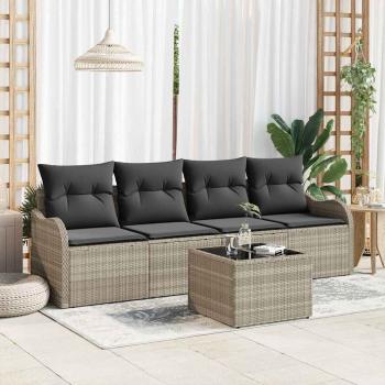 ARDEBO.de - 5-teiliges Garten Sofa Set mit Kissen Hellgrau Poly Rattan, 2-Sitzer Garten Sofa mit Stauraum & Kissen Hellgrau Poly Rattan