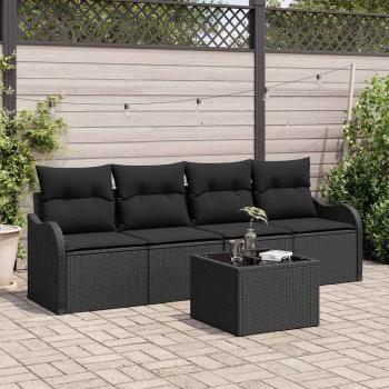 ARDEBO.de - 5-teiliges Garten-Sofa-Set mit Kissen Schwarz Poly Rattan, 2-Sitzer Garten-Sofa mit Stauraum & Kissen Schwarz Poly Rattan