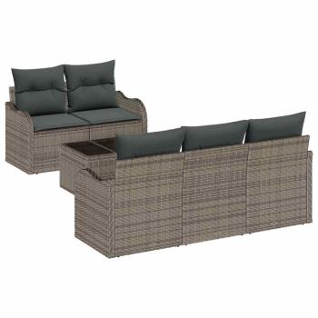 6-teiliges Garten Sofa Set mit Kissen Grau Poly Rattan, 2-Sitzer Garten Sofa mit Stauraum & Kissen Grau Poly Rattan