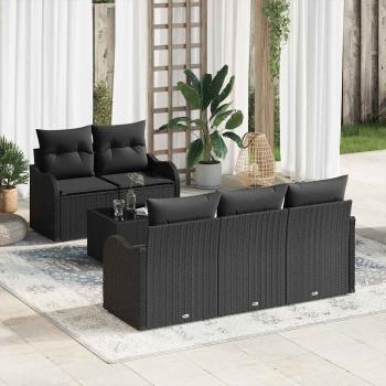 ARDEBO.de - 6-teiliges Garten-Sofa-Set mit Kissen Schwarz Poly Rattan, 2-Sitzer Garten-Sofa mit Stauraum & Kissen Schwarz Poly Rattan