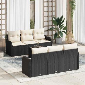 ARDEBO.de - 7-teiliges Garten Sofa Set mit Kissen Schwarz Poly Rattan, 2-Sitzer Garten Sofa mit Stauraum und Kissen Schwarz Poly Rattan