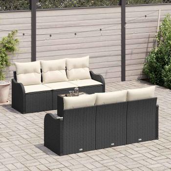 7-teiliges Garten Sofa Set mit Kissen Schwarz Poly Rattan, 2-Sitzer Garten Sofa mit Stauraum und Kissen Schwarz Poly Rattan