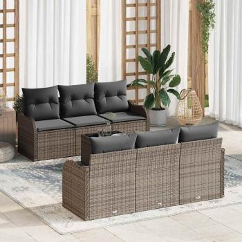 ARDEBO.de - 7-tlg. Garten Sofa Set mit Kissen Grau Poly Rattan, 2-Sitzer Garten Sofa mit Stauraum & Kissen Grau Poly Rattan