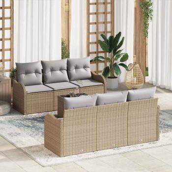 ARDEBO.de - 7-teiliges Garten-Sofa-Set mit Kissen Beige Poly-Rattan, 2-Sitzer Garten-Sofa mit Stauraum & Kissen Beige Poly-Rattan