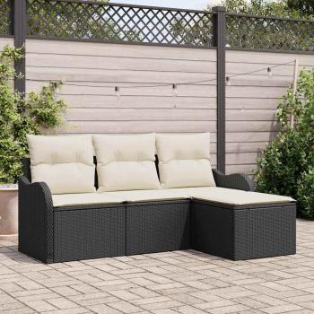 ARDEBO.de - 4-teiliges Garten Sofa Set mit Kissen Schwarzes Poly Rattan, 2-Sitzer Garten Sofa mit Stauraum und Kissen Schwarzes Poly Rattan