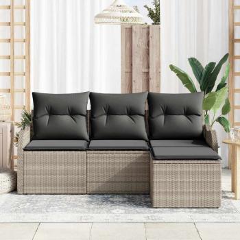 4-teiliges Garten Sofaset mit Kissen Hellgrau Poly Rattan, 2-Sitzer Garten Sofa mit Stauraum & Kissen Hellgrau Poly Rattan