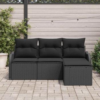 4-teiliges Garten Sofa Set mit Kissen Schwarzes Poly Rattan, 2-Sitzer Garten Sofa mit Stauraum und Kissen Schwarzes Poly Rattan