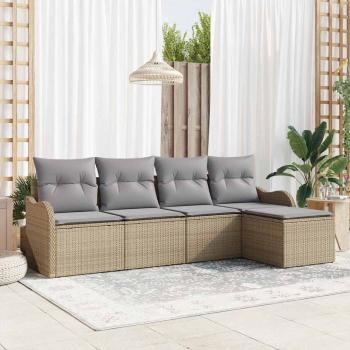 ARDEBO.de - 5-teiliges Garten-Sofa-Set mit Kissen Beige Poly Rattan, 2-Sitzer Garten-Sofa mit Stauraum und Kissen Beige Poly Rattan