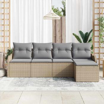 5-teiliges Garten-Sofa-Set mit Kissen Beige Poly Rattan, 2-Sitzer Garten-Sofa mit Stauraum und Kissen Beige Poly Rattan