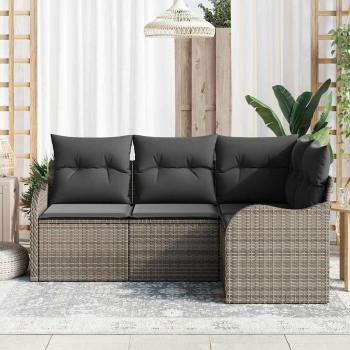 ARDEBO.de - 4-teiliges Garten-Sofa-Set mit Kissen Grau Poly Rattan, 2-Sitzer Garten-Sofa mit Stauraum & Kissen Grau Poly Rattan