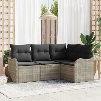 ARDEBO.de - 4-teiliges Garten-Sofa-Set mit Kissen Hellgrau Poly Rattan, 2-Sitzer Garten-Sofa mit Stauraum & Kissen Hellgrau Poly Rattan